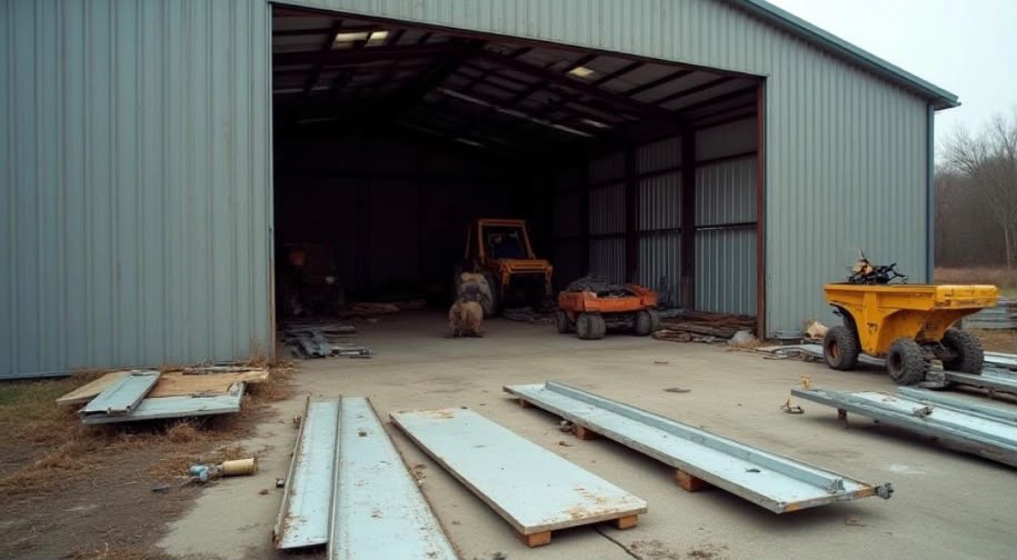 Partially dismantled hangar with removed material arranged beside the structure.